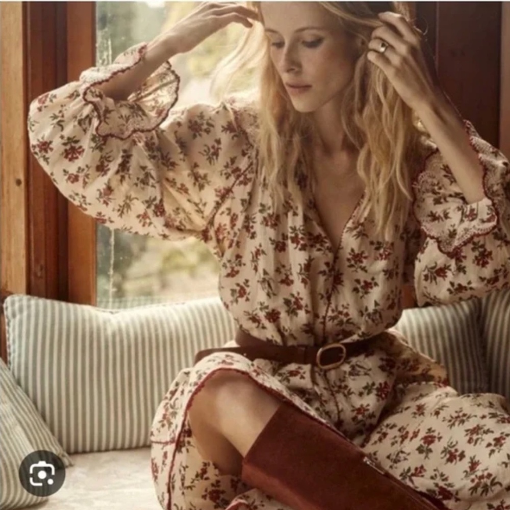 Doen Floral Cream and Red Dress